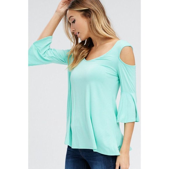 Stay Fashionable with This Trendy Open Shoulder 3/4 Bell Sleeve Top Blouse - Picture 4 of 8